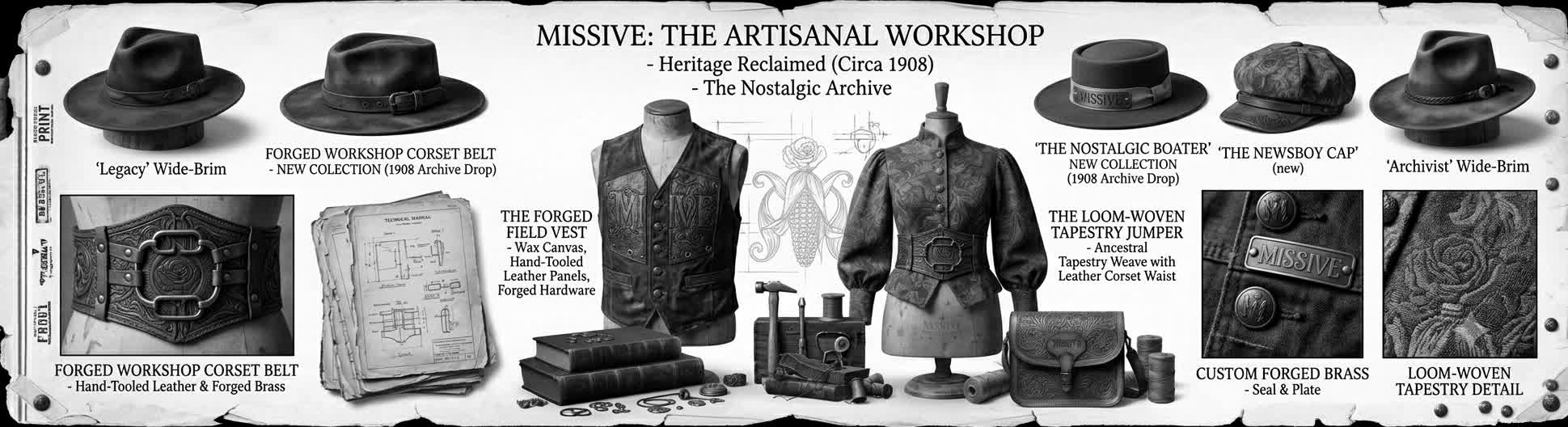 Missive Artisanal Workshop lookbook board showing wide-brim hats, wax canvas field vest, tapestry jumper, and hand-tooled leather details