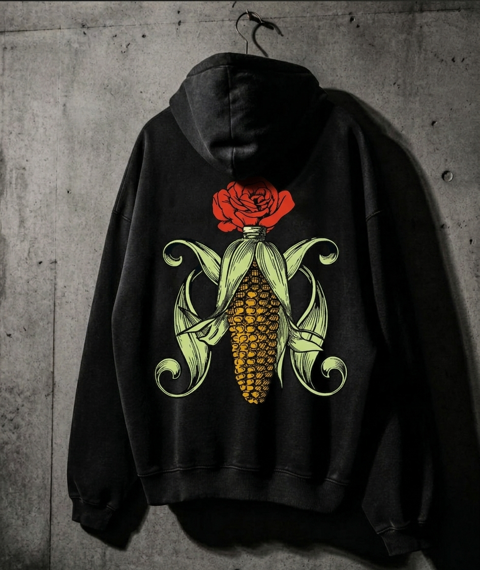 Black heavyweight hoodie hanging on a concrete wall with a screen printed corn and rose graphic on the back
