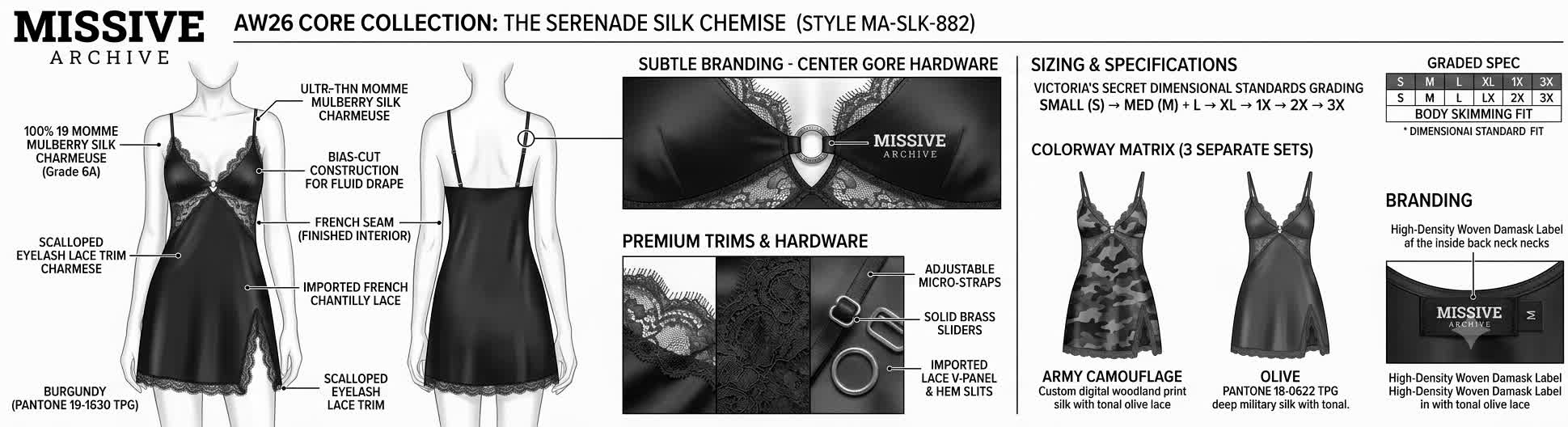 Missive Archive AW26 technical spec sheet for a silk charmeuse chemise showing construction callouts, hardware, and colorways